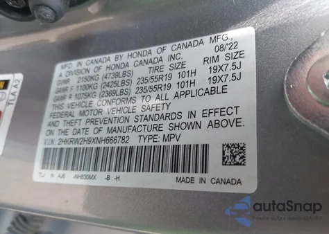 2022 Honda Cr-V Awd Touring from USA, damaged, VIN 2HKRW2H9XNH666782